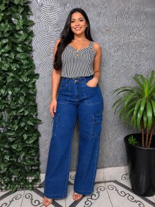 Calça Cargo Wide Leg  Jeans Sem Lycra